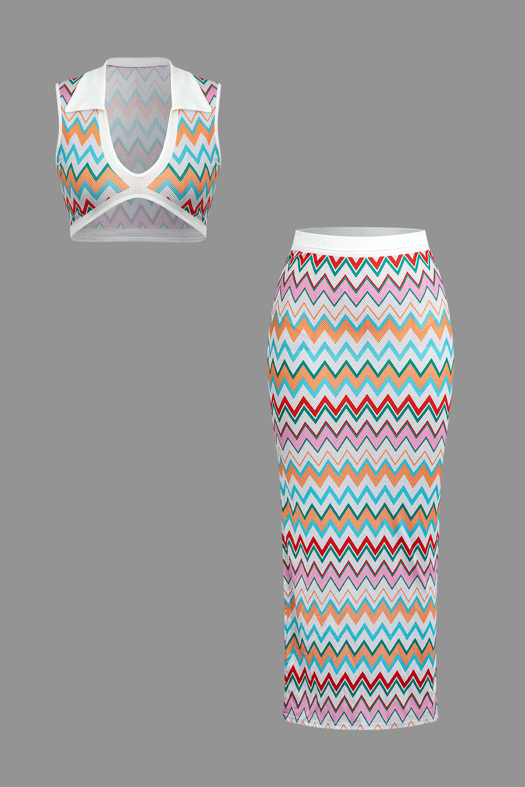 Zestaw krótkiej dzianinowej kamizelki z dekoltem w kształcie litery V w kontrastowym kolorze i spódnicy maxi z rozcięciem