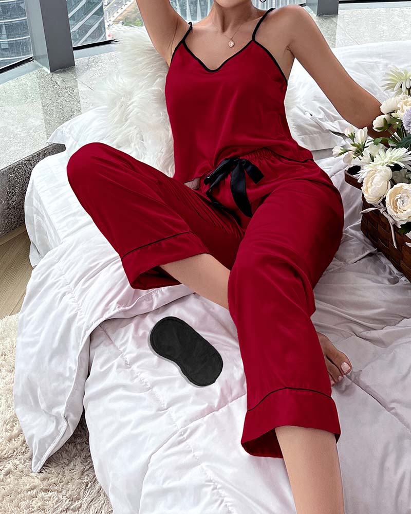 (💥Darmowa maska do spania) Damska piżama z satyny jedwabnej, dwuczęściowa kamizelka bez rękawów, krótki top i spodnie z szerokimi nogawkami