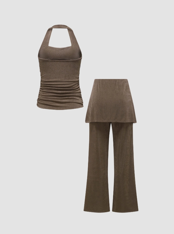 Asymetryczna kamizelka z dzianiny ściąganej sznurkiem – dwuczęściowa prosta spódnica ze sztucznej dzianiny